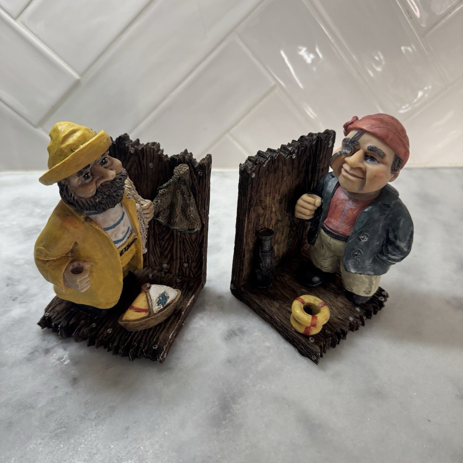 Vintage Fisherman Pirate Resin Bookends Nautical Coastal Sailor Decor Set