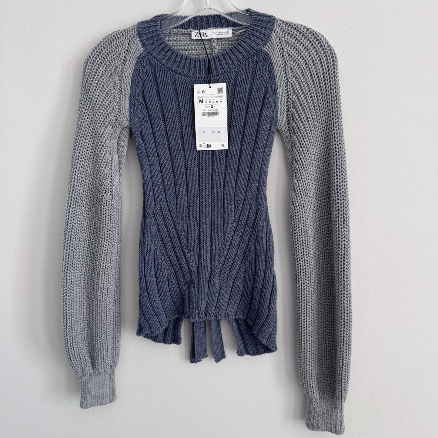 Zara Knit Tie Back Sweater Blue Gray Colorblock Long Sleeve Size M NWT 