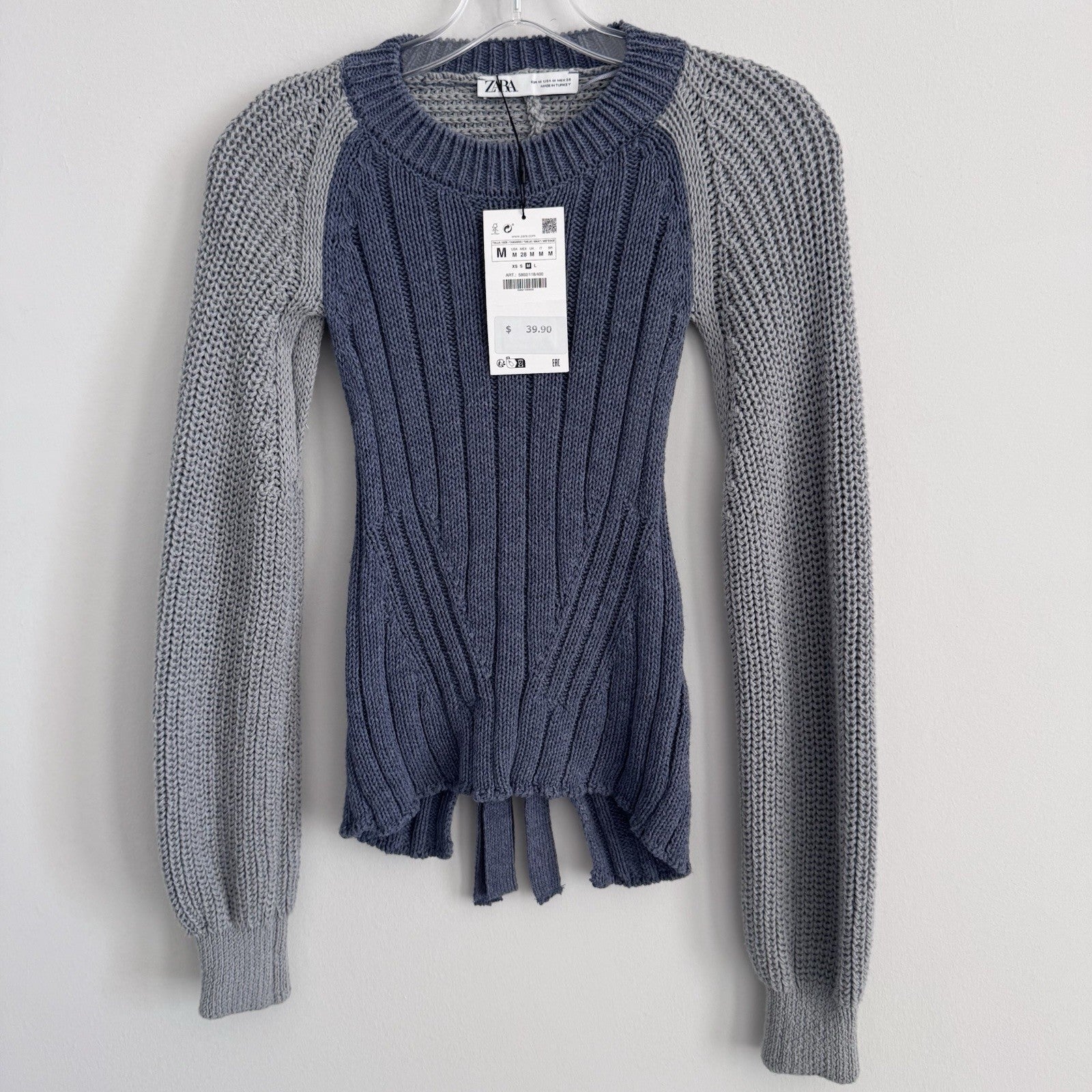 Zara Knit Tie Back Sweater Blue Gray Colorblock Long Sleeve Size M NWT 