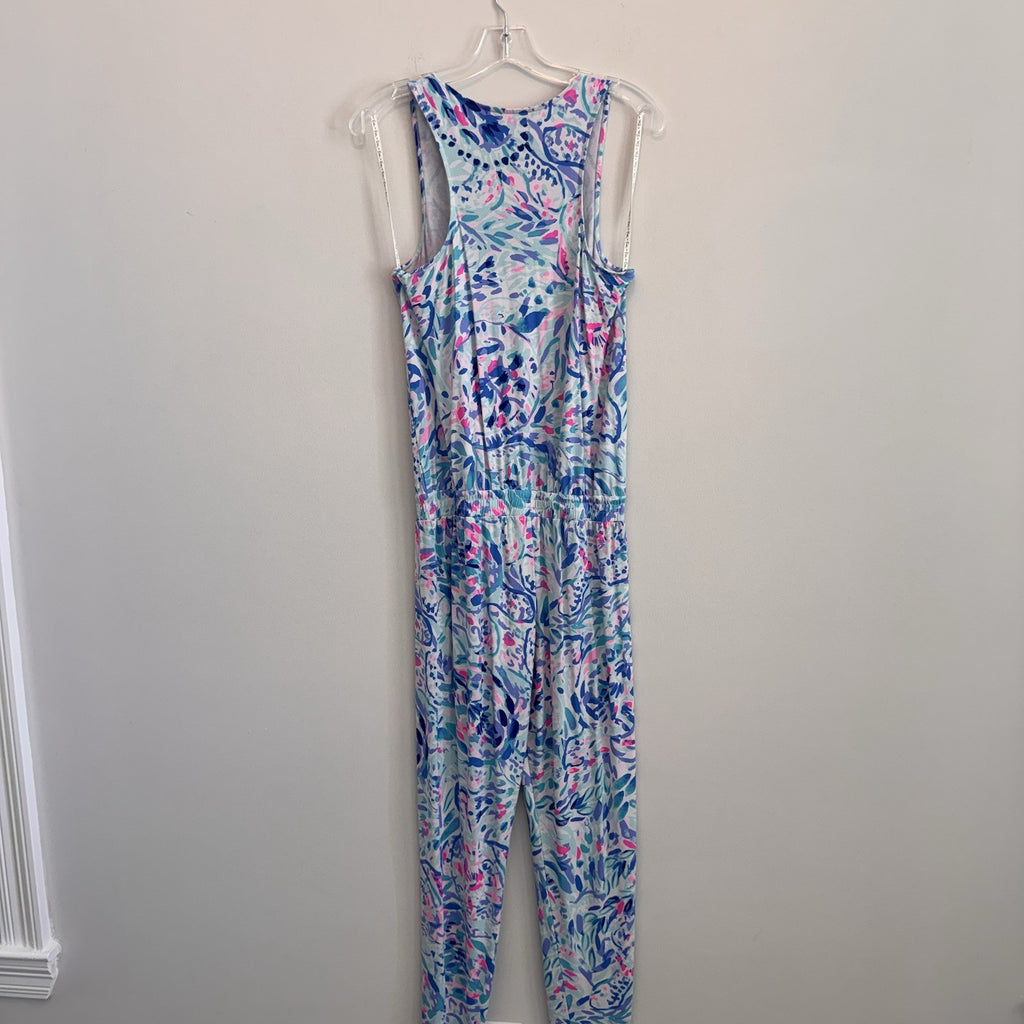 Lilly Pulitzer Donna Jumpsuit Small S Blue Pink Paisley Knit Sleeveless V-Neck