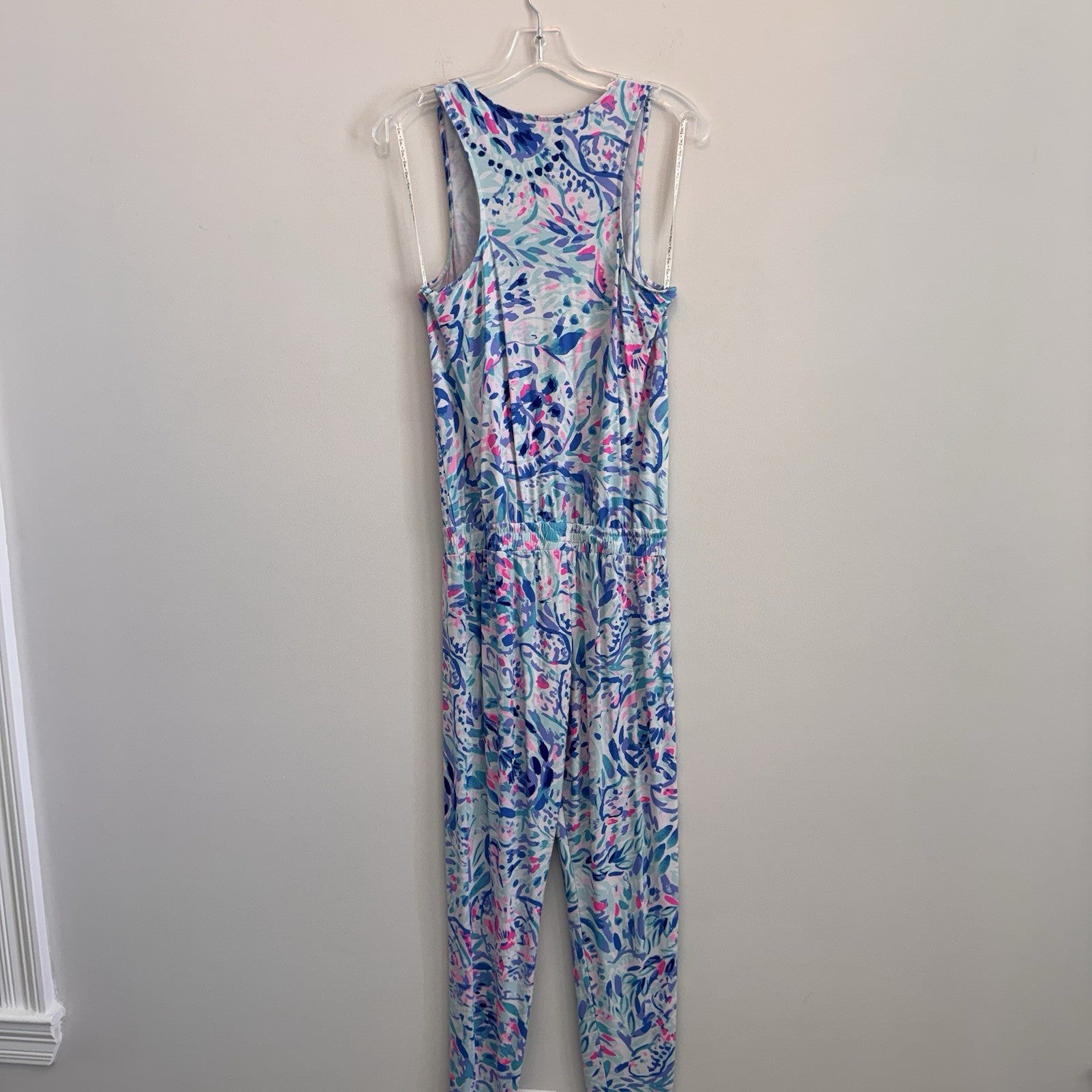 Lilly Pulitzer Donna Jumpsuit Small S Blue Pink Paisley Knit Sleeveless V-Neck