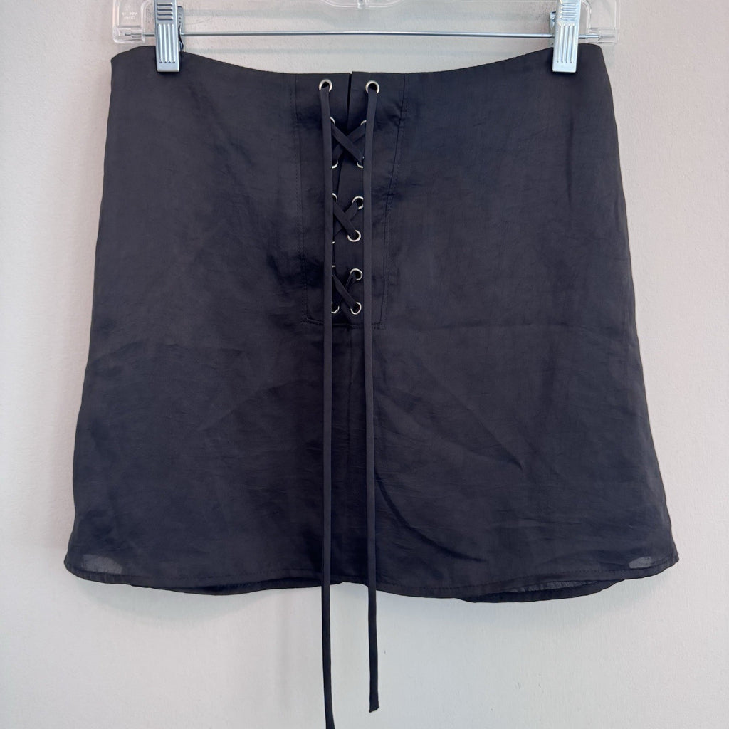 Forever 21 Black Lace Up Mini Skirt M Y2K Sheer Goth Coquette