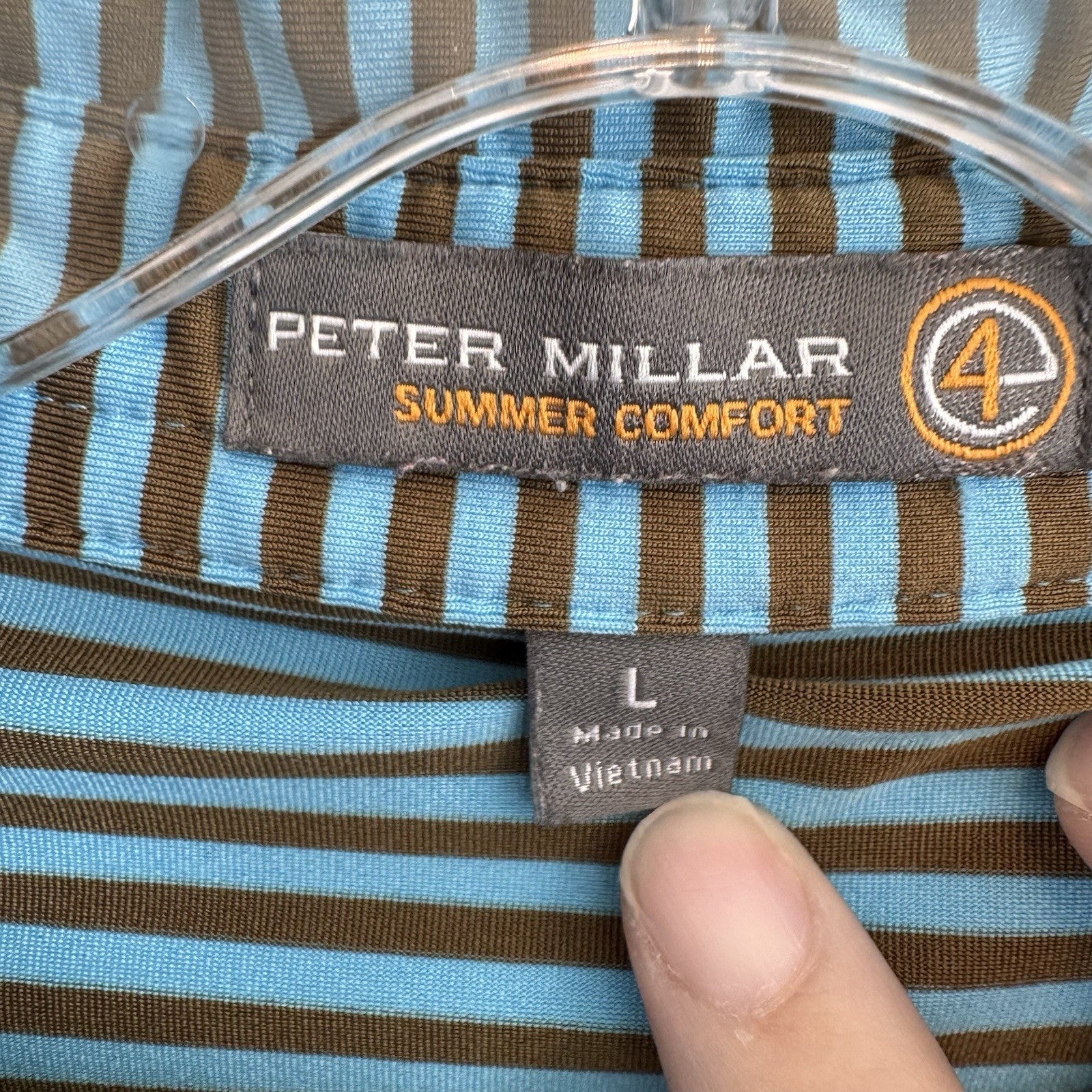 Peter Millar Summer Comfort Polo Shirt Mens Large Blue Brown Striped Golf