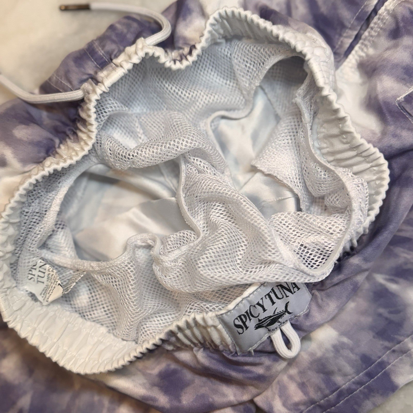 Spicy Tuna Boys Size 12 Swim Trunks Board Shorts Purple White Tie Dye Mesh Lined