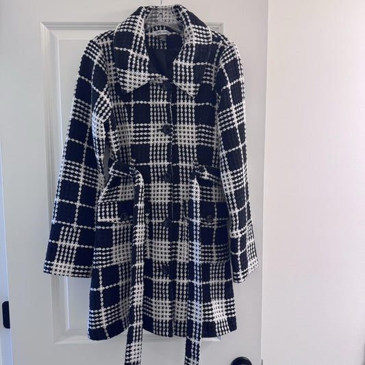 Y2K Body Central Plaid Wool Blend Coat Jacket L Black White Belted Vintage Loop