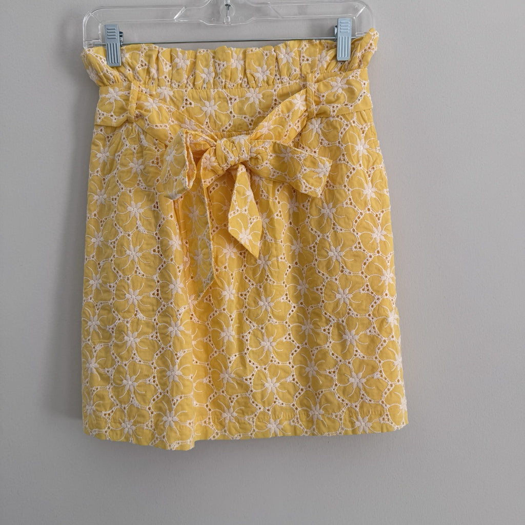NWT AURA Yellow Eyelet Lace Skirt Paperbag Waist Tie Belt Size M
