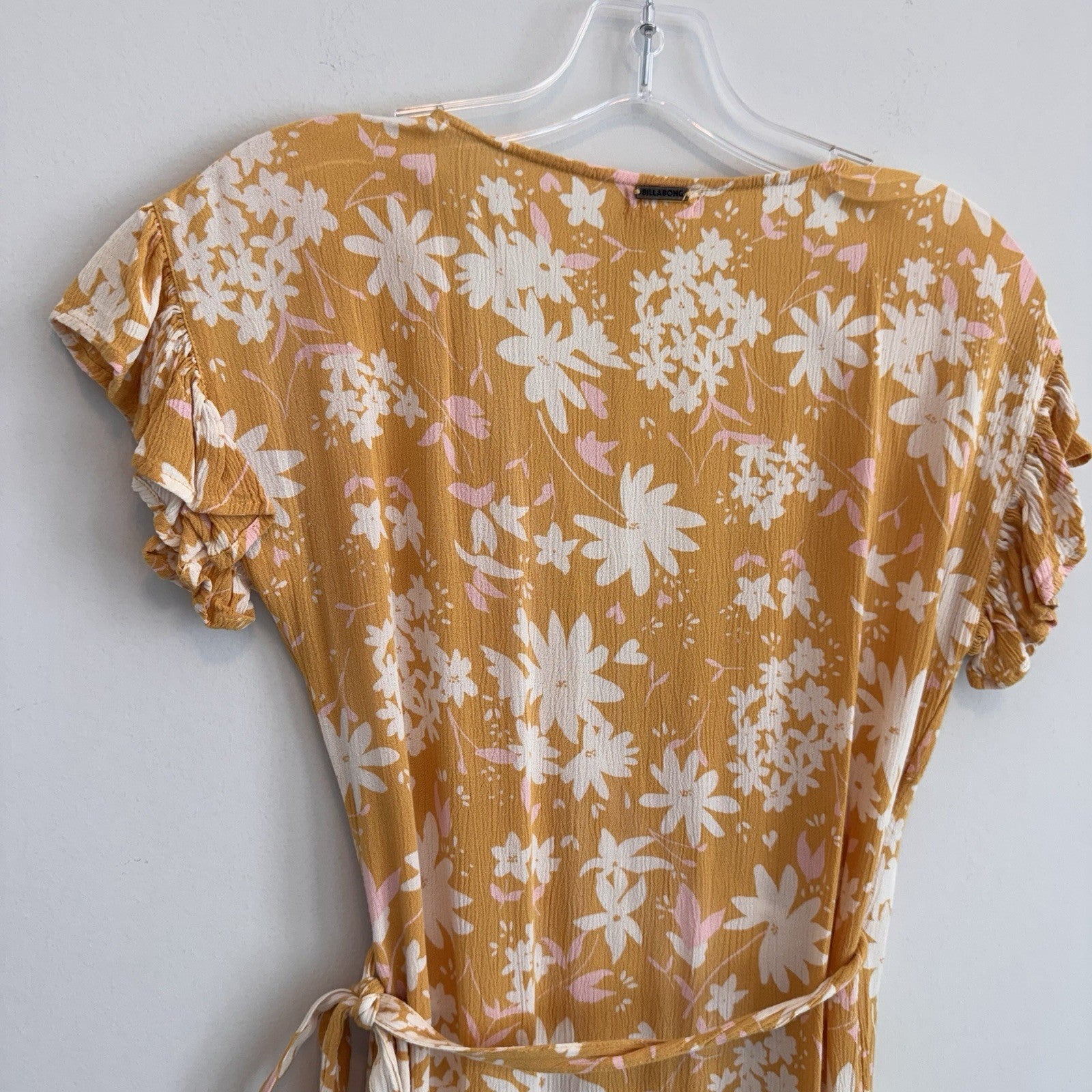 BILLABONG Wrap & Roll Mini Dress Sz S Yellow Floral VNeck Flutter Sleeve Women’s