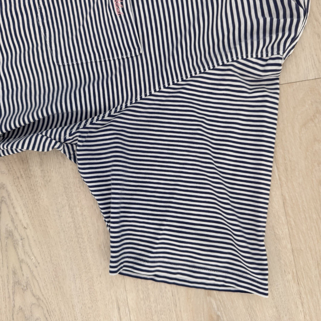 B. Draddy Men's Large Pima Cotton Striped Polo Shirt Navy White Pink Script