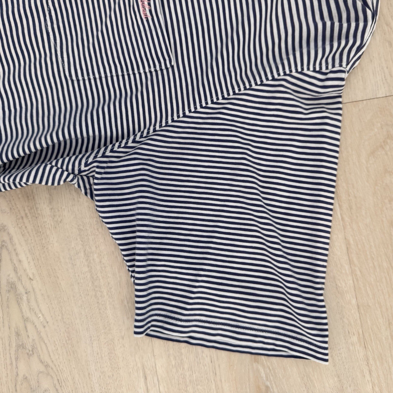B. Draddy Men's Large Pima Cotton Striped Polo Shirt Navy White Pink Script