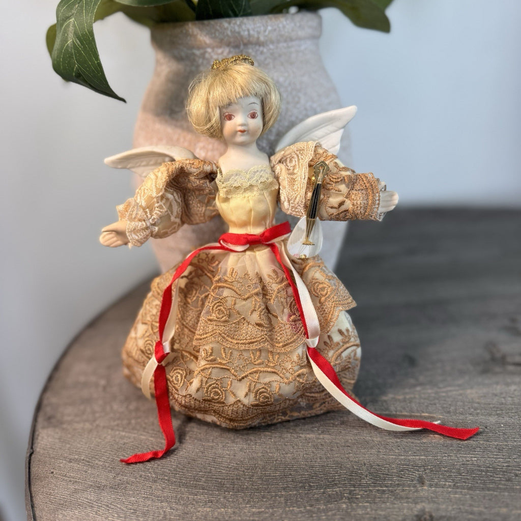 Vintage Bisque Porcelain Angel Doll 8" Gold Lace Dress Musical Lute Tree Topper