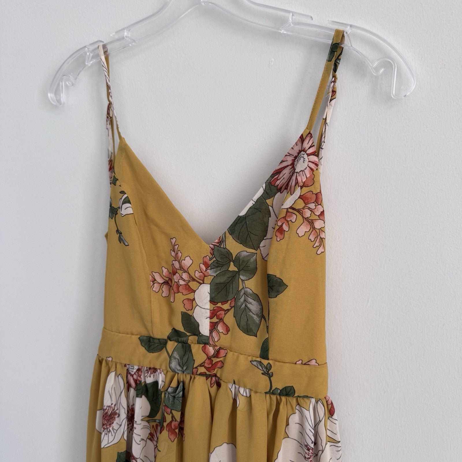 Love Tree Mustard Floral Maxi Dress Women M Boho V Neck Spaghetti Strap