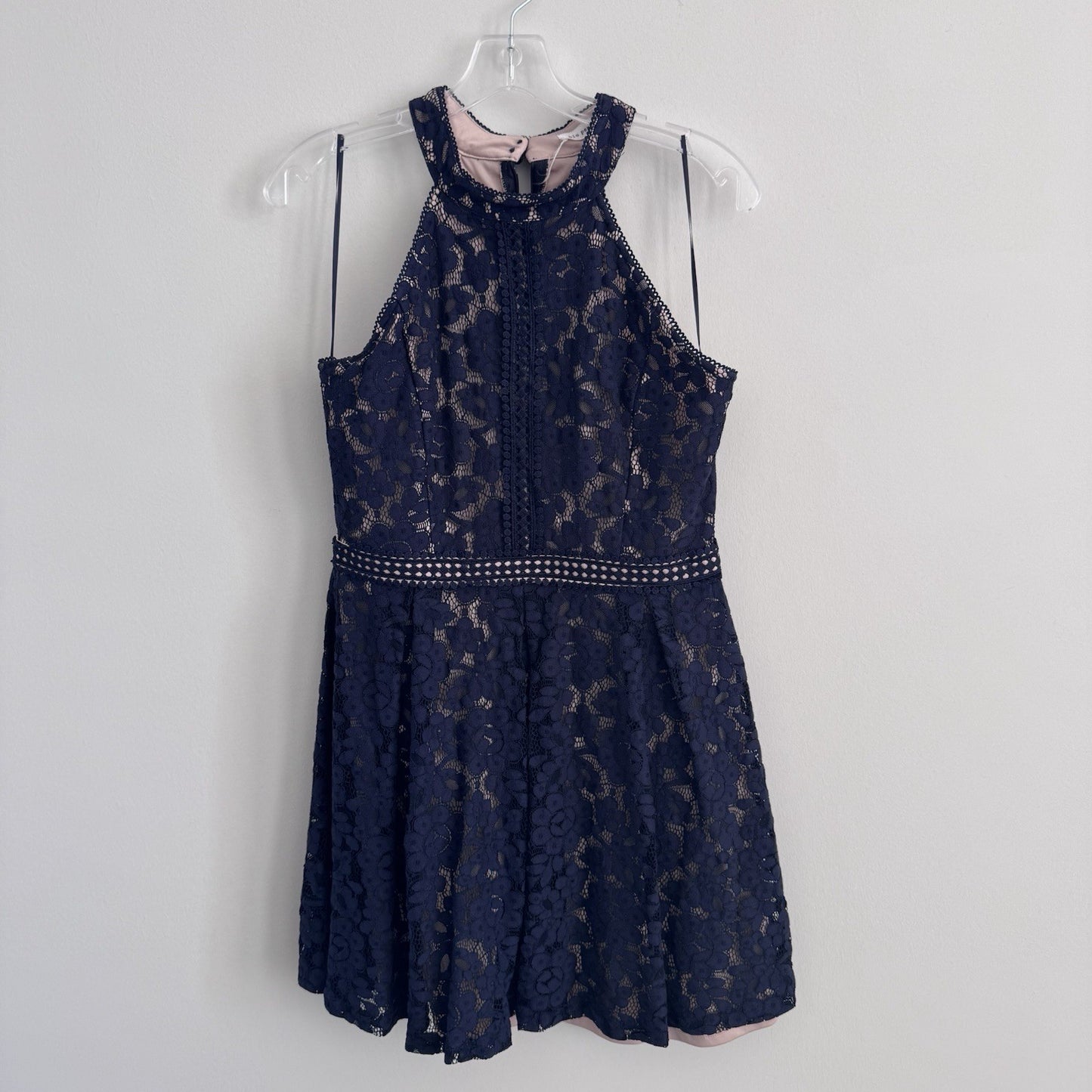 Blu Pepper Navy Lace Halter Dress L Nude Lining B8SD1112 Cocktail