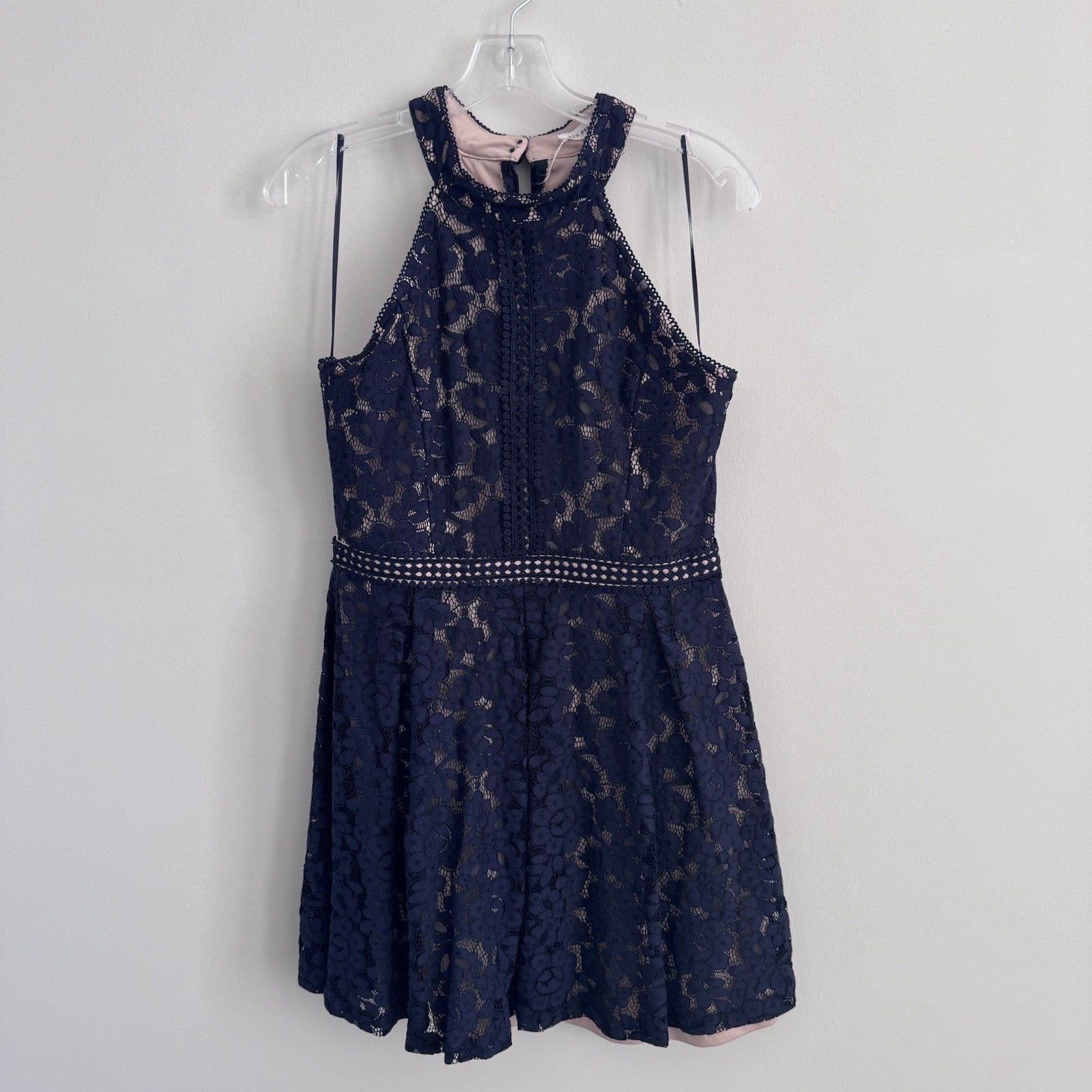 Blu Pepper Navy Lace Halter Dress L Nude Lining B8SD1112 Cocktail