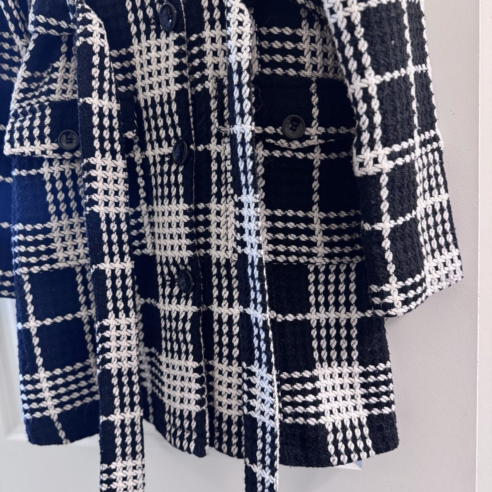 Y2K Body Central Plaid Wool Blend Coat Jacket L Black White Belted Vintage Loop 