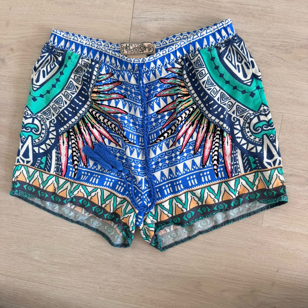 Flying Tomato Boho Tribal Shorts Tassel Tie Blue Green Size S