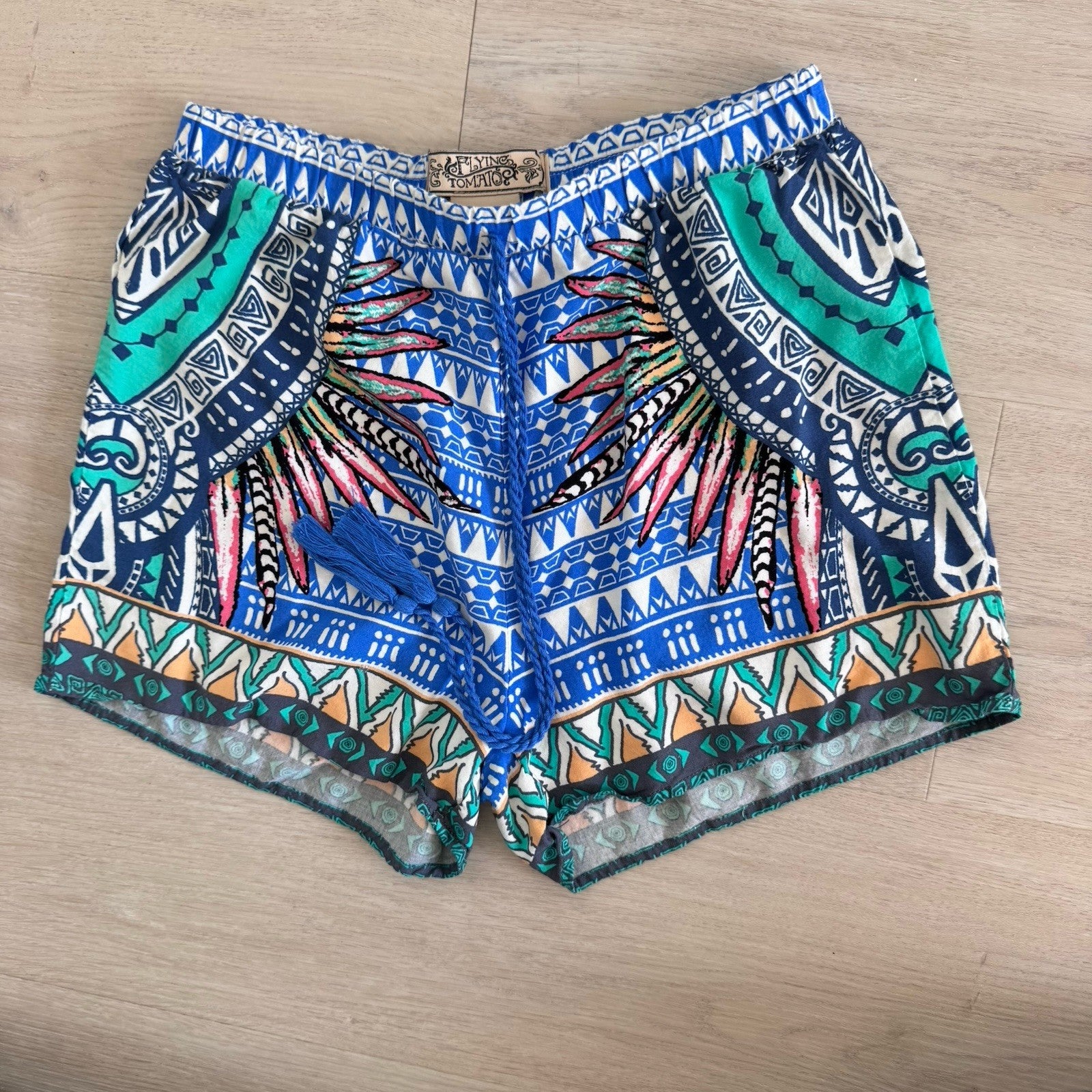 Flying Tomato Boho Tribal Shorts Tassel Tie Blue Green Size S