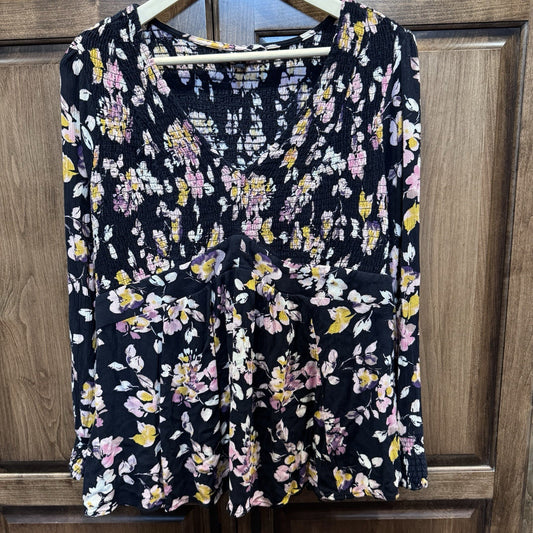 Torrid Size 0 (12) Floral Long Sleeve Blouse Black Smocked Empire Waist Boho Top
