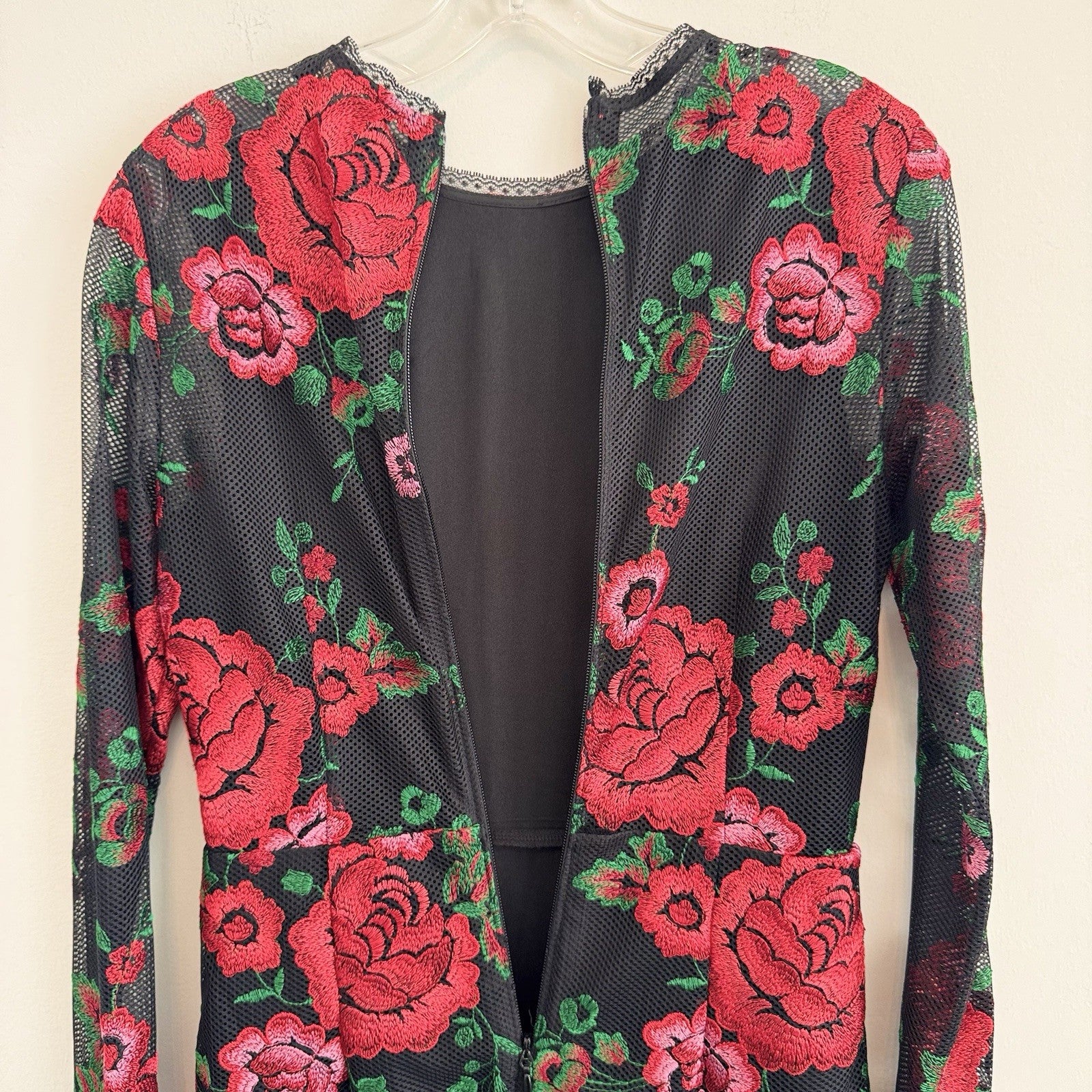 Nasty Gal Collection Women's S Black Mesh Red Rose Floral Embroidered Mini Dress