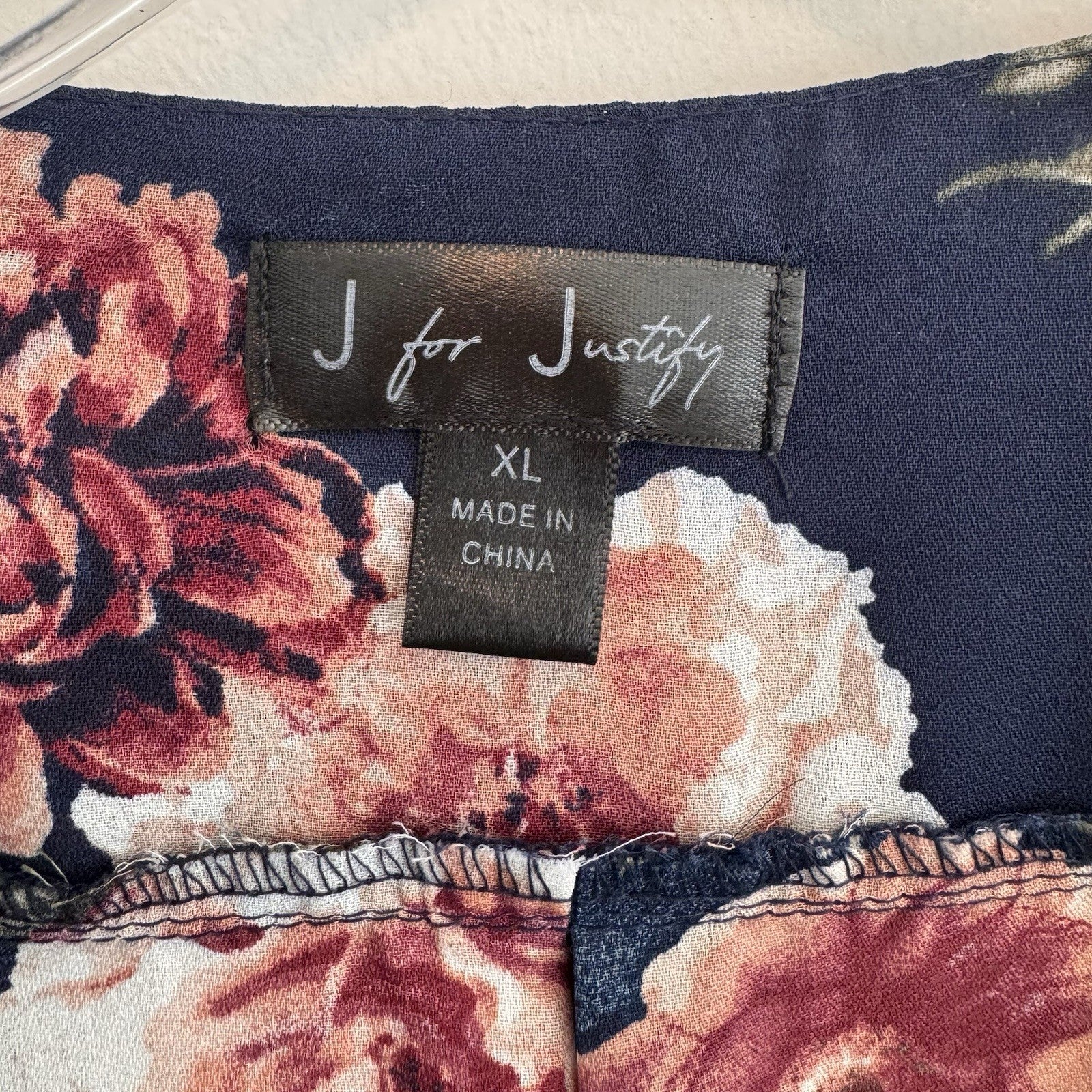 J for Justify Navy Floral Peplum Tunic Blouse Roll Tab Sleeve XL
