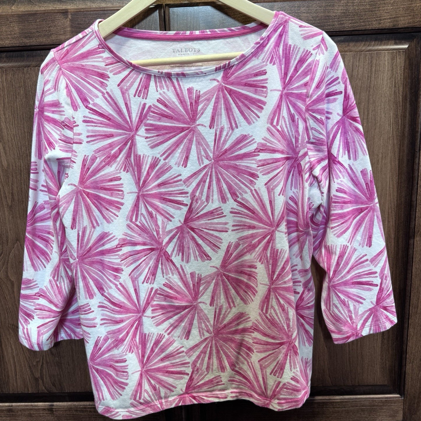 Talbots Petite XL Pink Burst Print 3/4 Sleeve Tee Shirt Cotton Spandex Blend