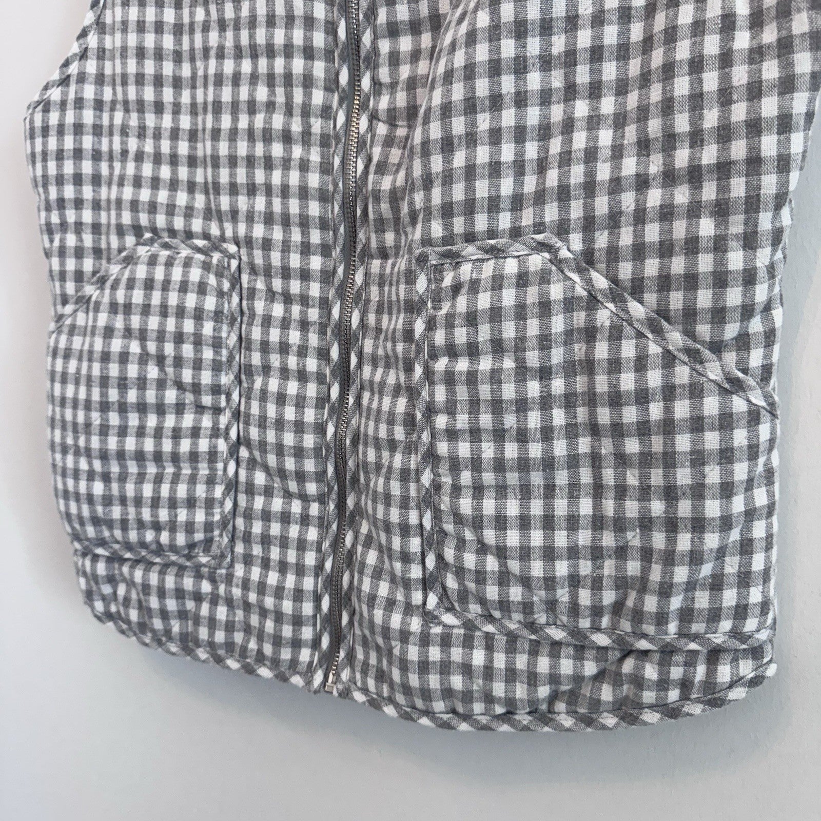 Peach Love Gingham Puffer Vest Womens M Gray Cottagecore Zip