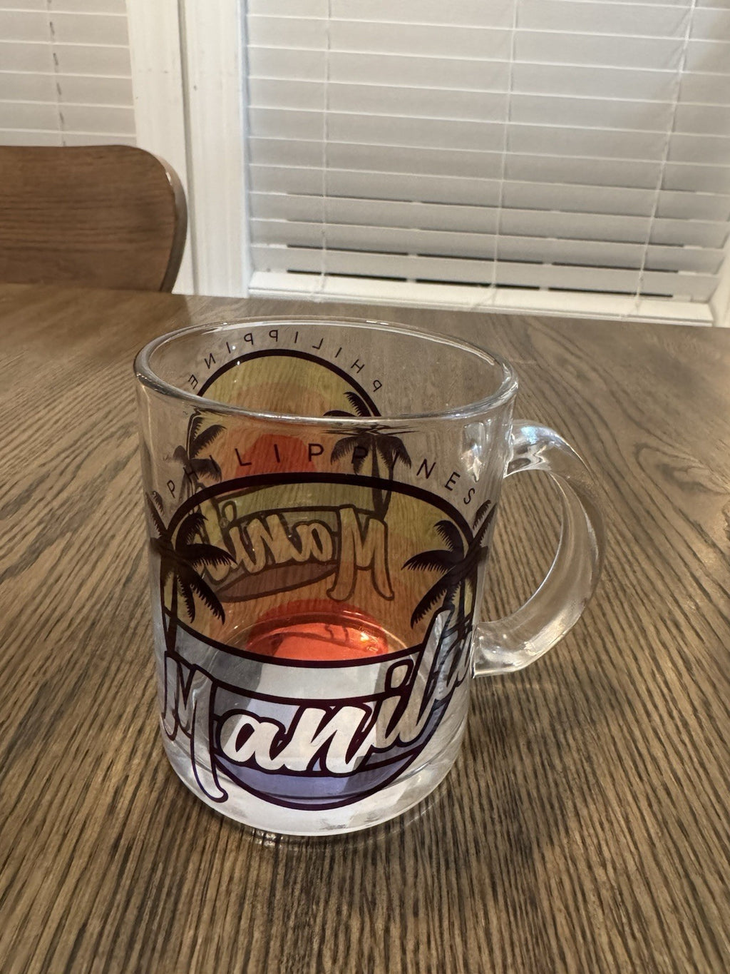 Manila Souvenir Mug Clear Glass Handle Cup Sun And Palm Trees Very Nice Vintage