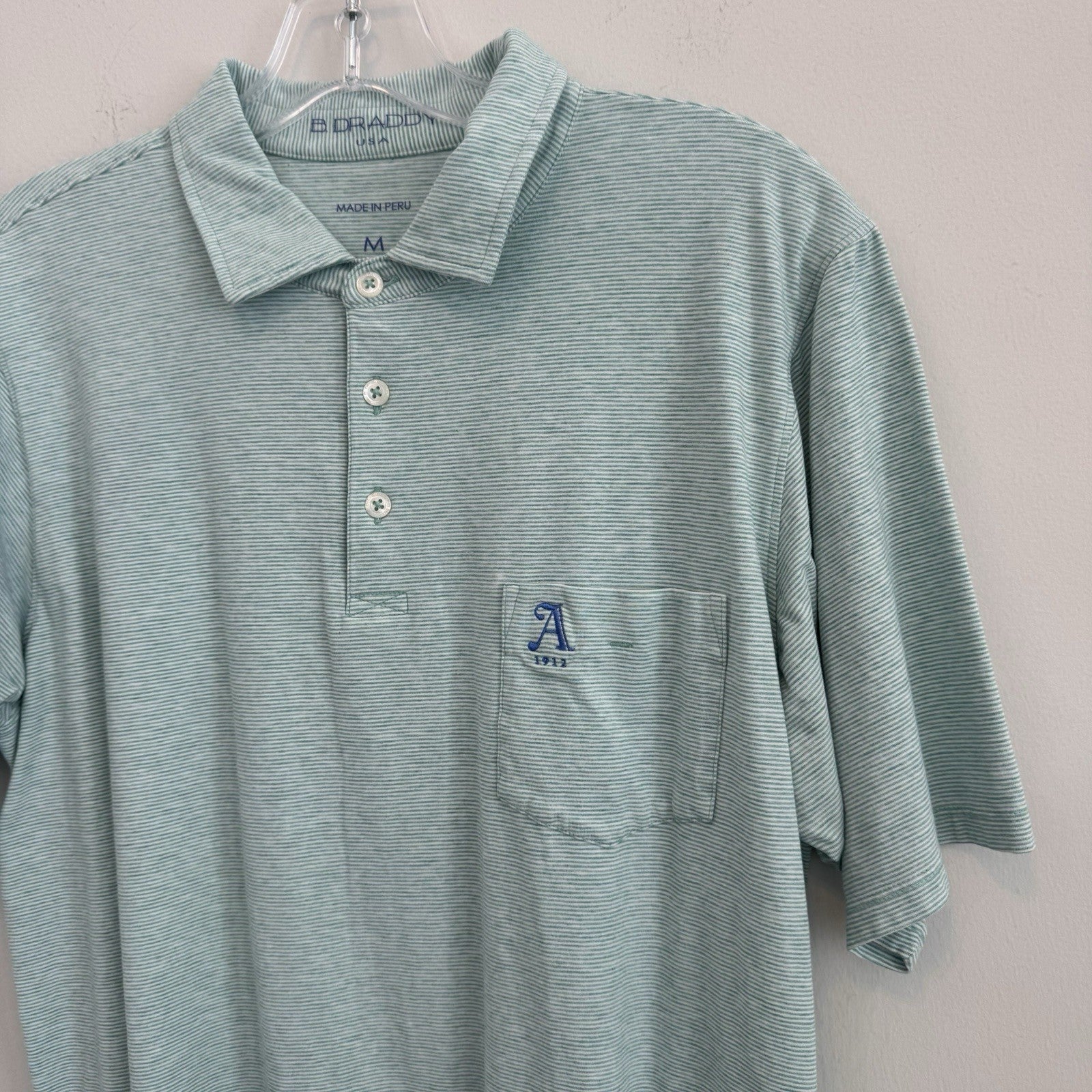 B. Draddy Men Medium Pima Cotton Polo Green Striped A 1912 Logo Made In Peru