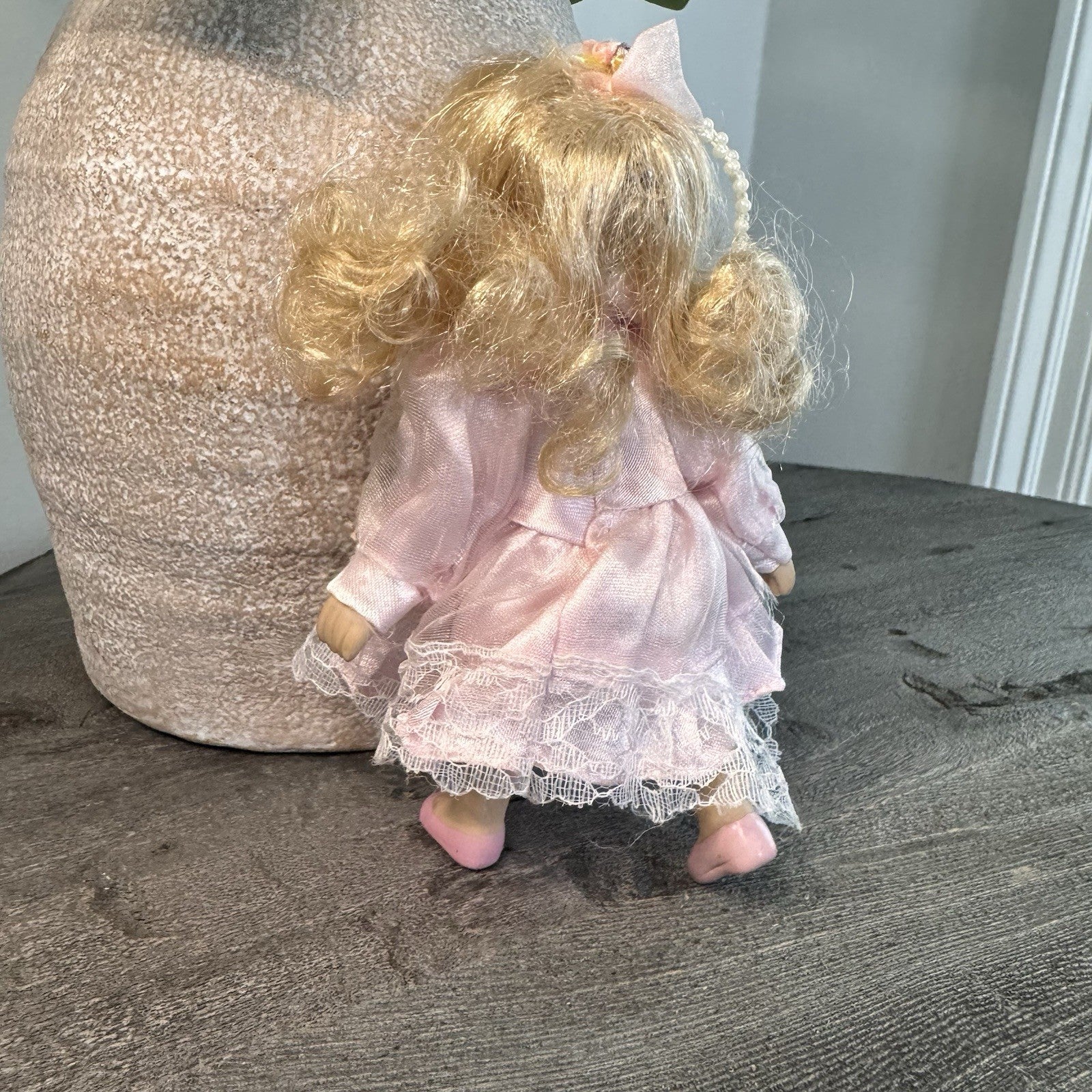 Vintage Bisque Porcelain Doll 7" Blonde Curls Pink Satin Lace Dress & Faux Pearl