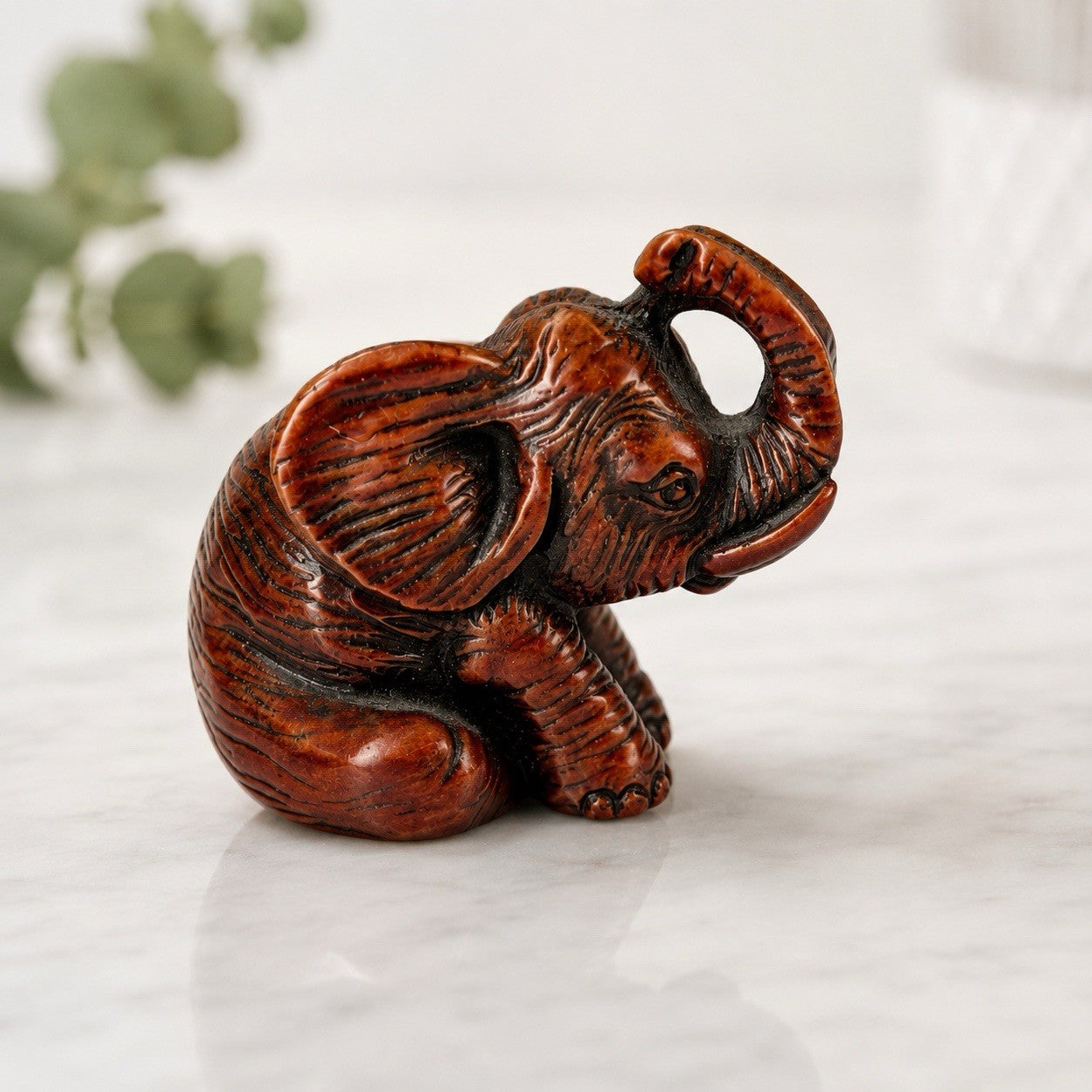 Vintage Hand Carved Elephant Figurine – Miniature Wood Look Statue Lucky Decor