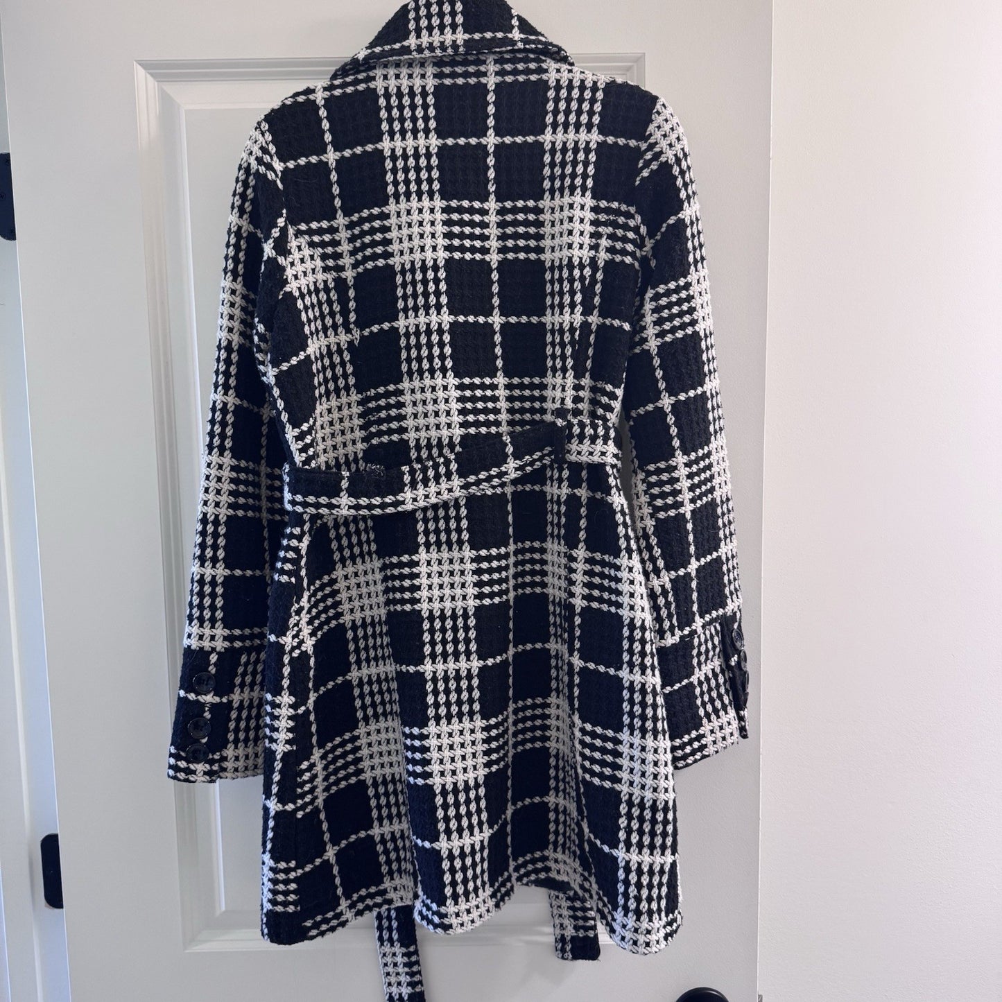 Y2K Body Central Plaid Wool Blend Coat Jacket L Black White Belted Vintage Loop 
