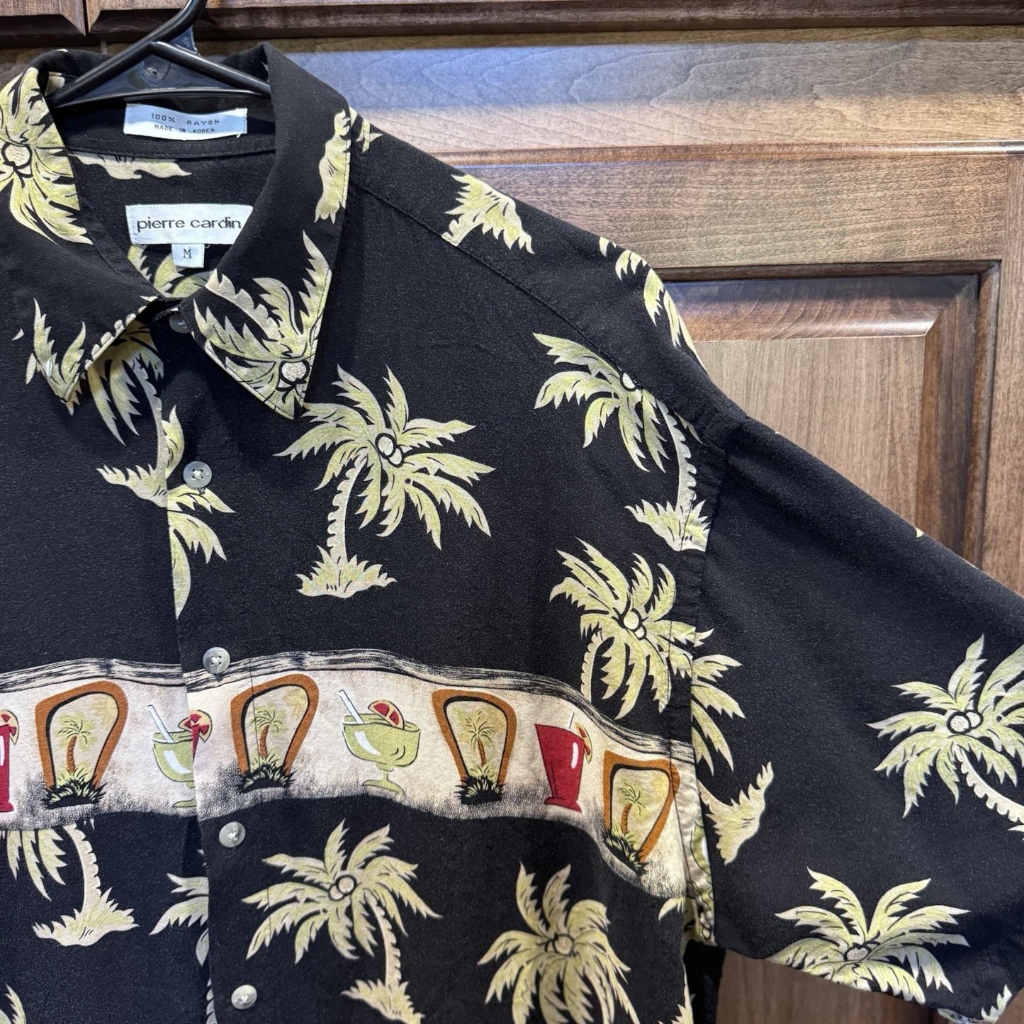 Pierre Cardin Men's Shirt Button Up Sz Med Palm Trees Tropical Drinks Black Tan