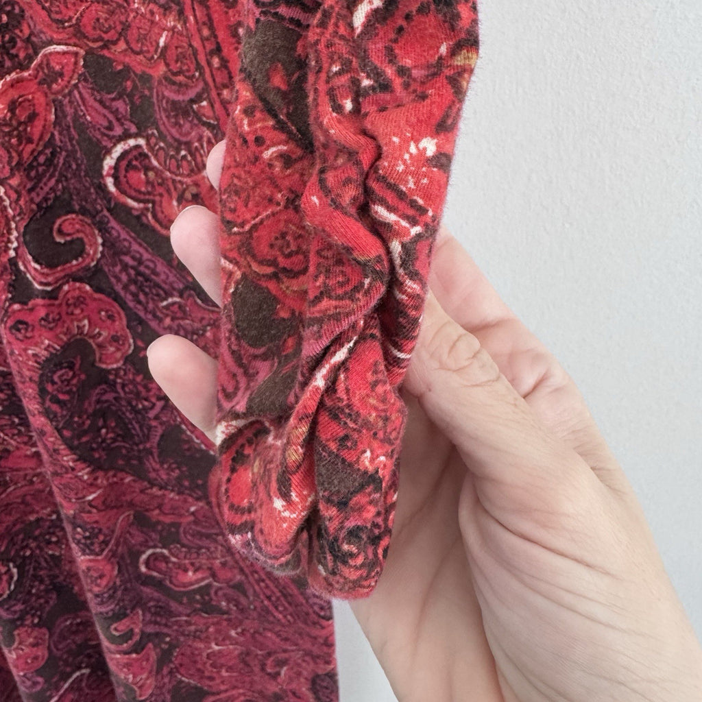 J Jill Sz Small Red Paisley Faux Wrap Vneck 3/4 Sleeve Pima Cotton Dress Stretch