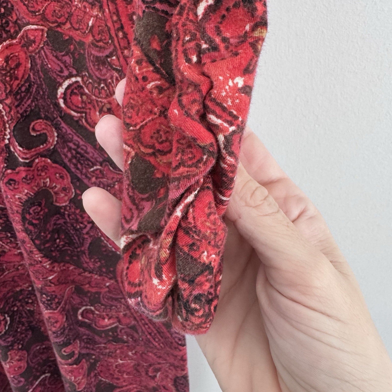 J Jill Sz Small Red Paisley Faux Wrap Vneck 3/4 Sleeve Pima Cotton Dress Stretch
