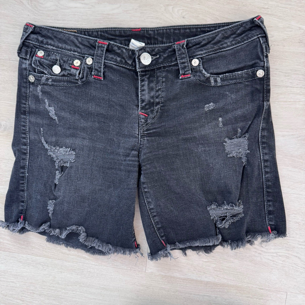 True Religion Y2K Cut Off Shorts 30 Black Red Stitch Flap Women’s