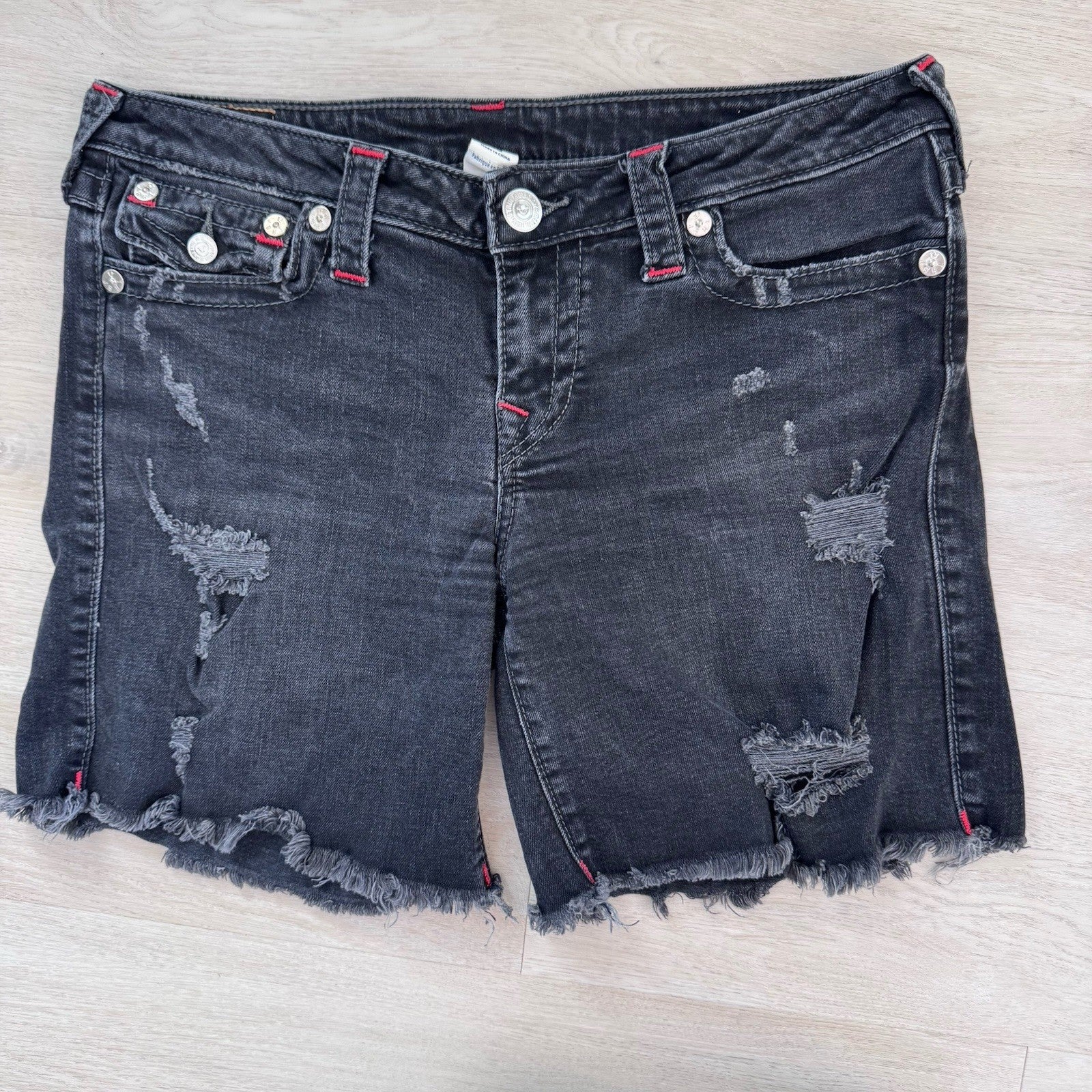 True Religion Y2K Cut Off Shorts 30 Black Red Stitch Flap Women’s