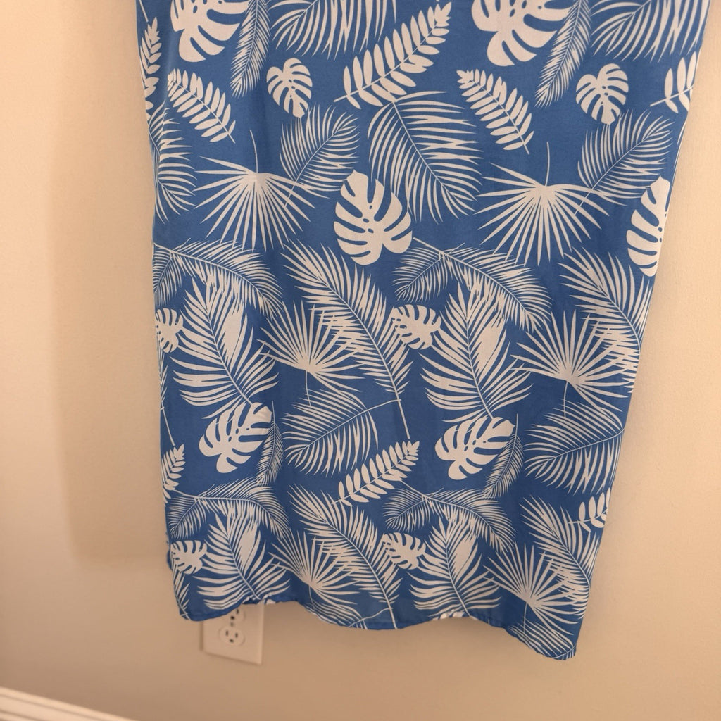 Pink Lily Blue Tropical Monstera Palm Print Maxi Dress Large L Side Slit Summer