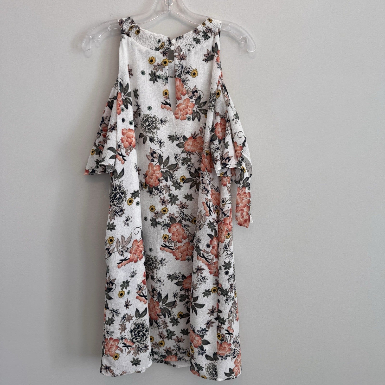 Entro Floral Cold Shoulder Mini Dress Medium White Pink Boho Ruffle Women’s