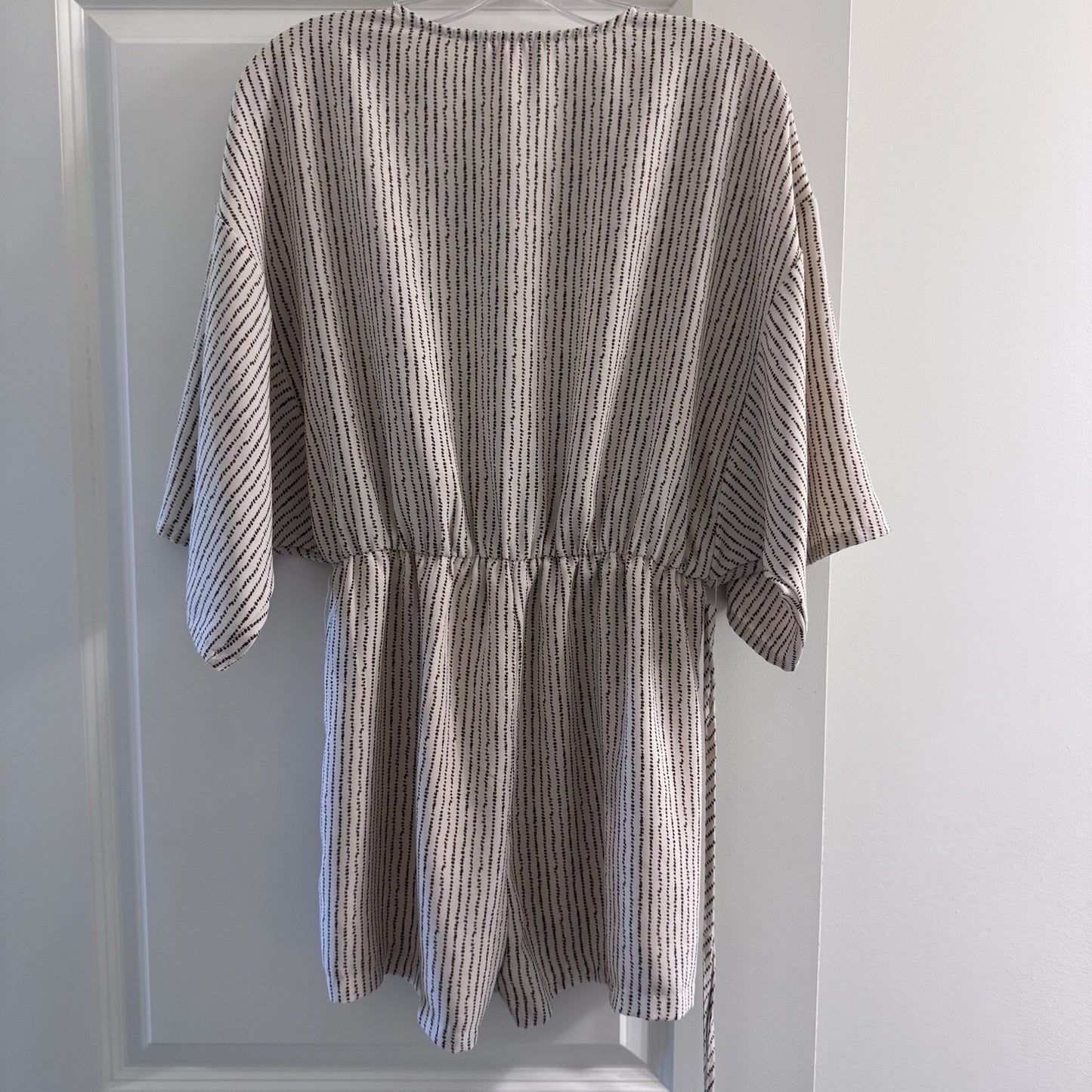 Pink Lily Womens Romper Small Kimono Sleeve Beige Black Stripe Wrap