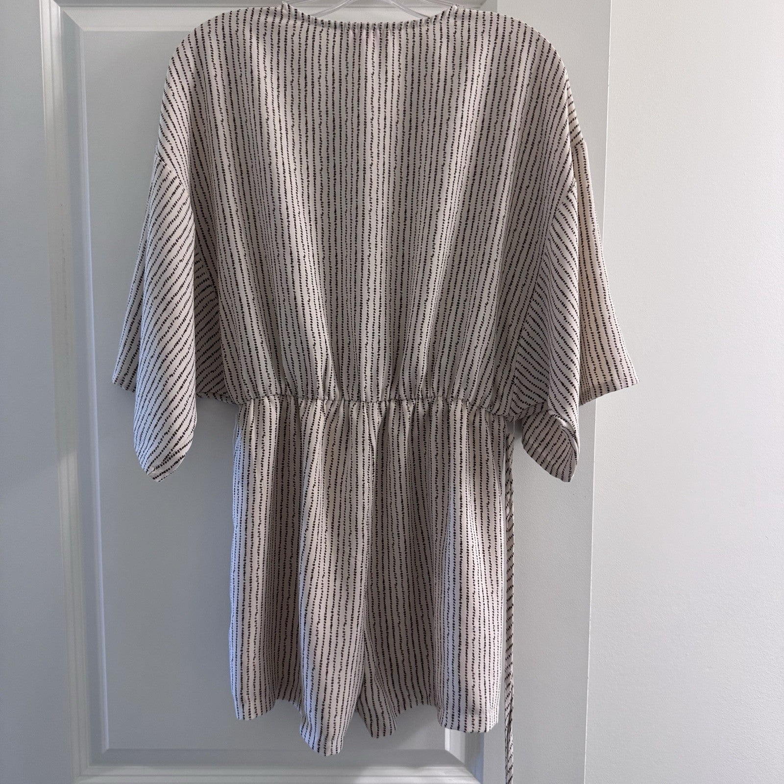 Pink Lily Womens Romper Small Kimono Sleeve Beige Black Stripe Wrap