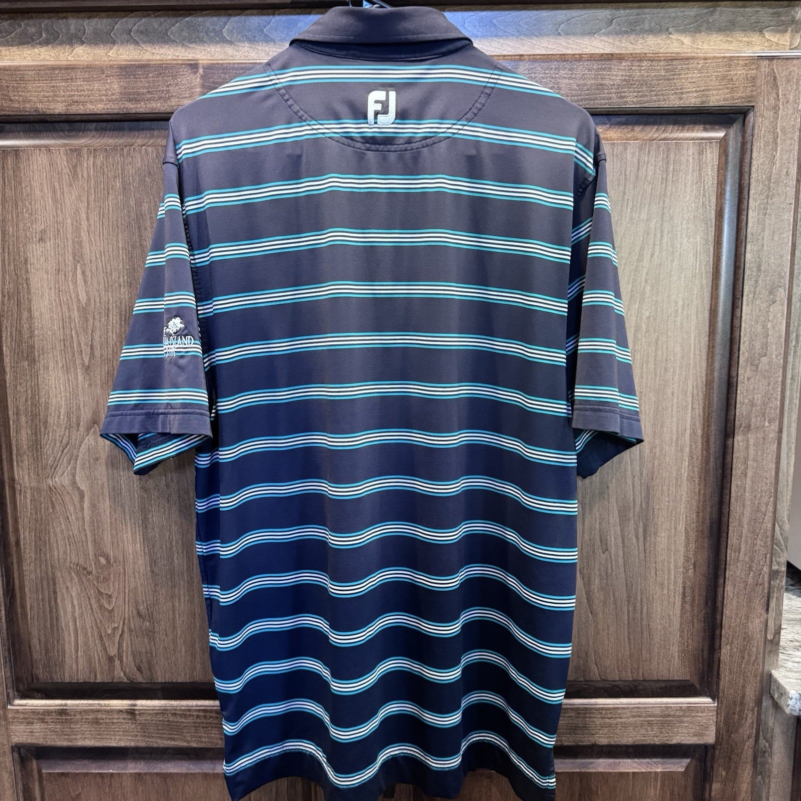 FootJoy Men’s M Golf Polo – Black & Teal Striped Shirt, The Amelia Island