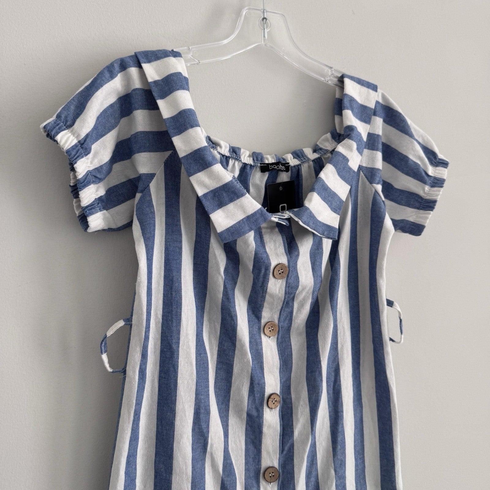 Boohoo Off Shoulder Blue Stripe Linen Dress US 10 NWT No Belt