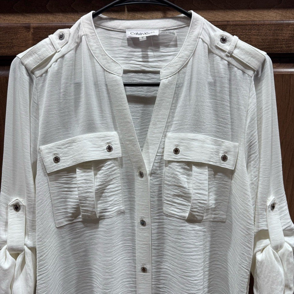 Calvin Klein White Textured Utility Blouse - Size Small