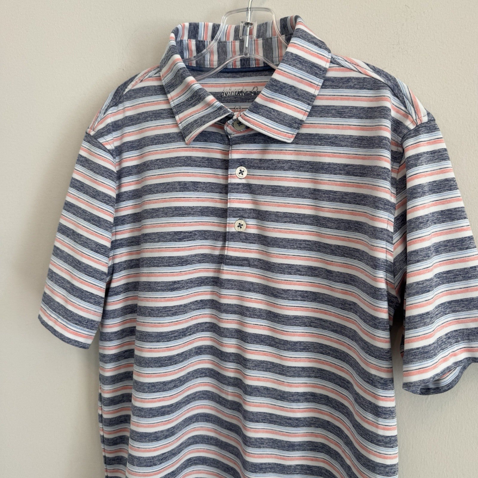 Johnnie-O Boys Crew Polo Lake Blue Striped Performance Jersey Shirt Youth 10