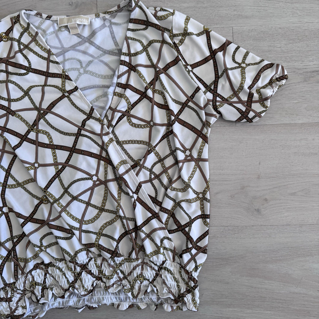 Michael Michael Kors Chain Print Wrap Top Womens Large White Gold Stretch
