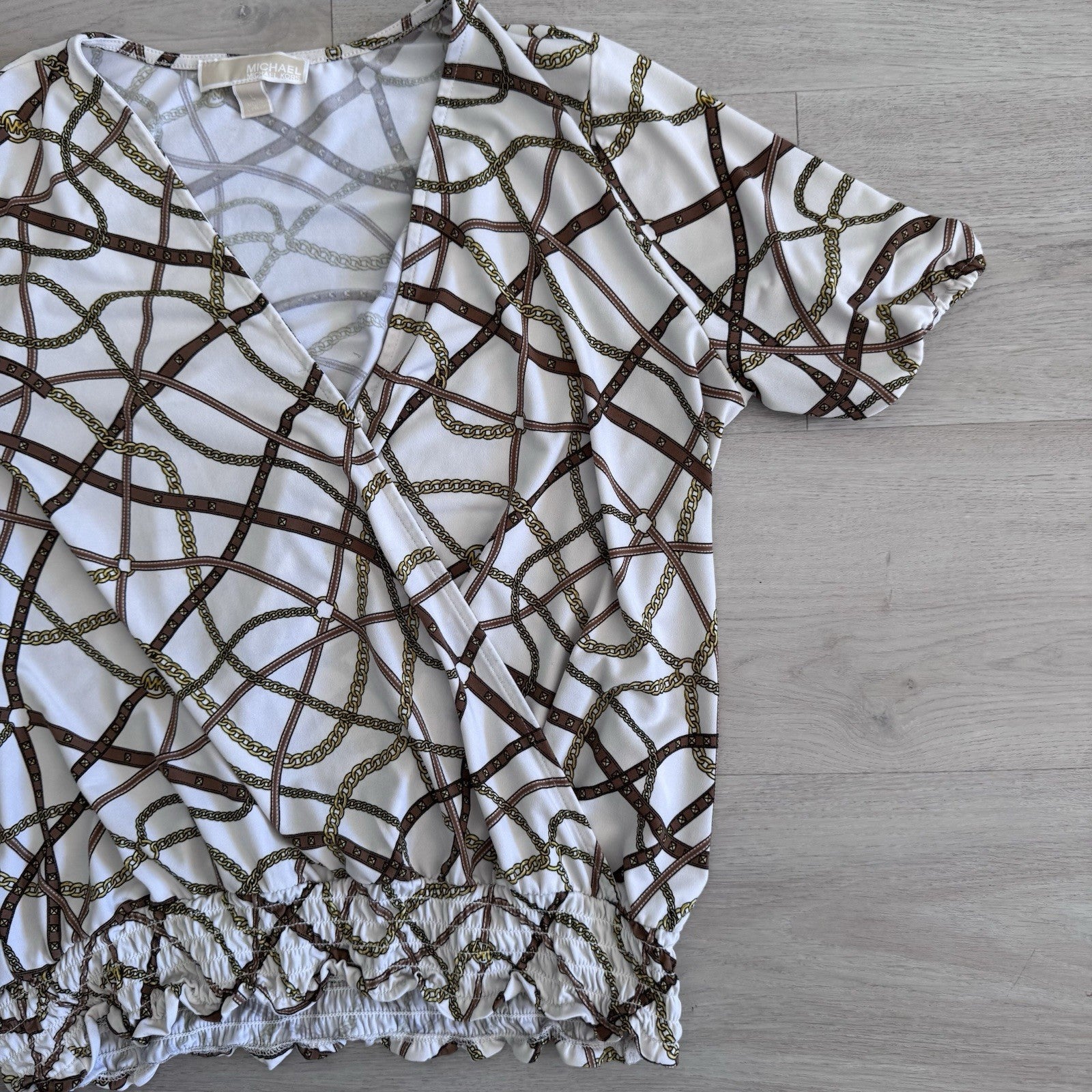 Michael Michael Kors Chain Print Wrap Top Womens Large White Gold Stretch