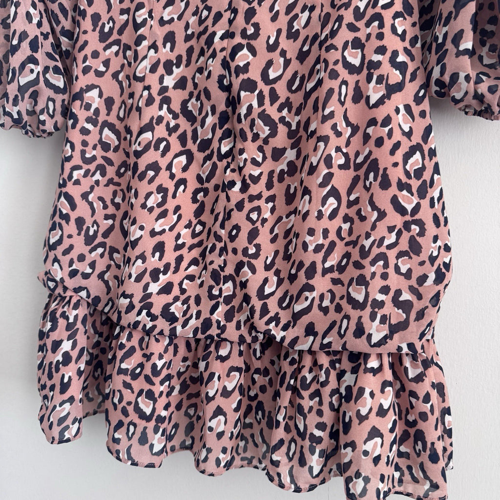 Sugar Lips Leopard Print Dress Small Ruched Ruffle Long Sleeve