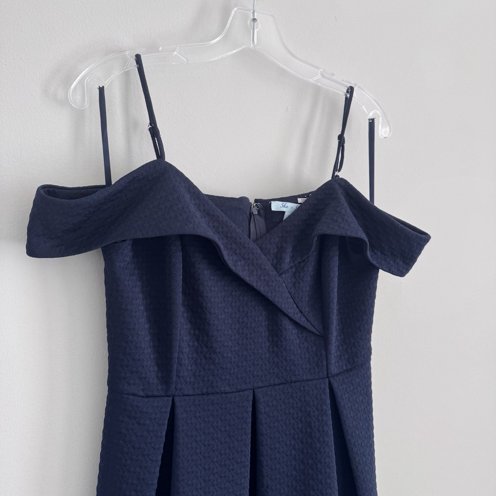 She + Sky Navy Off Shoulder Dress Large Fit Flare Textured