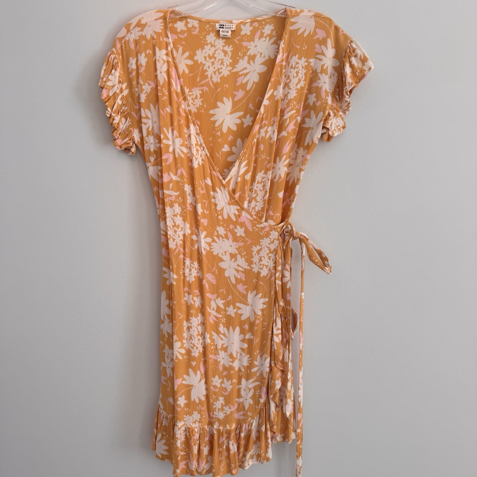 BILLABONG Wrap & Roll Mini Dress Sz S Yellow Floral VNeck Flutter Sleeve Women’s