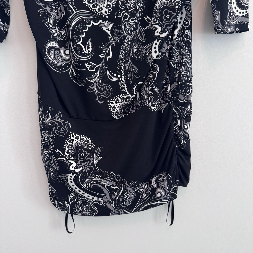 White House Black Market Dress Size S Black Paisley Ruched Sheath Midi Stretch