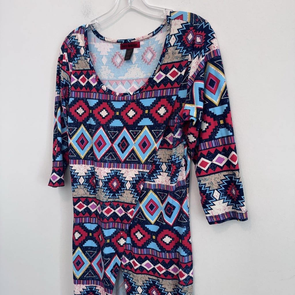 Hot Kiss Maxi Dress Large Boho Aztec Tribal Print Side Slit 3/4 Sleeve